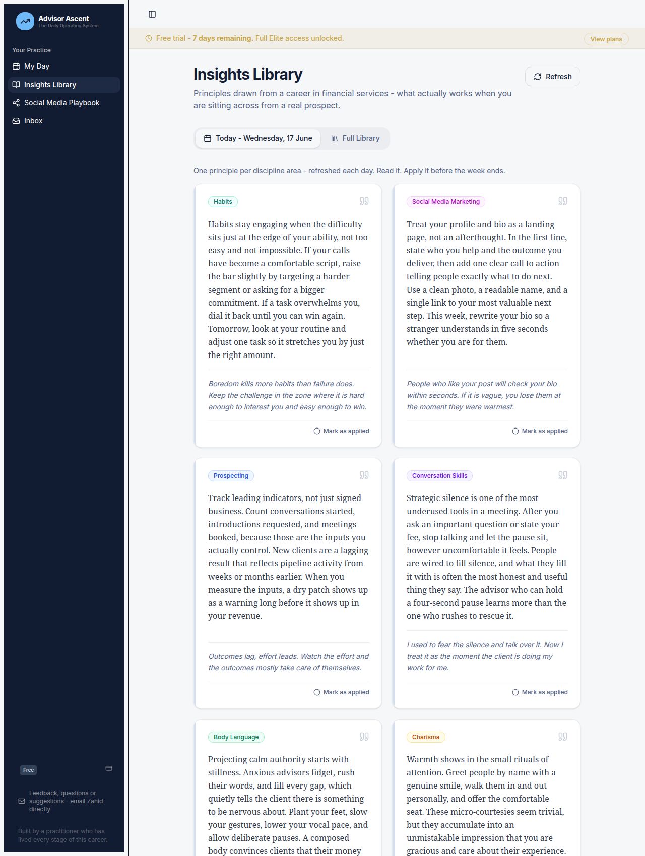 Advisor Ascent Insights Library screen showing daily principles across disciplines